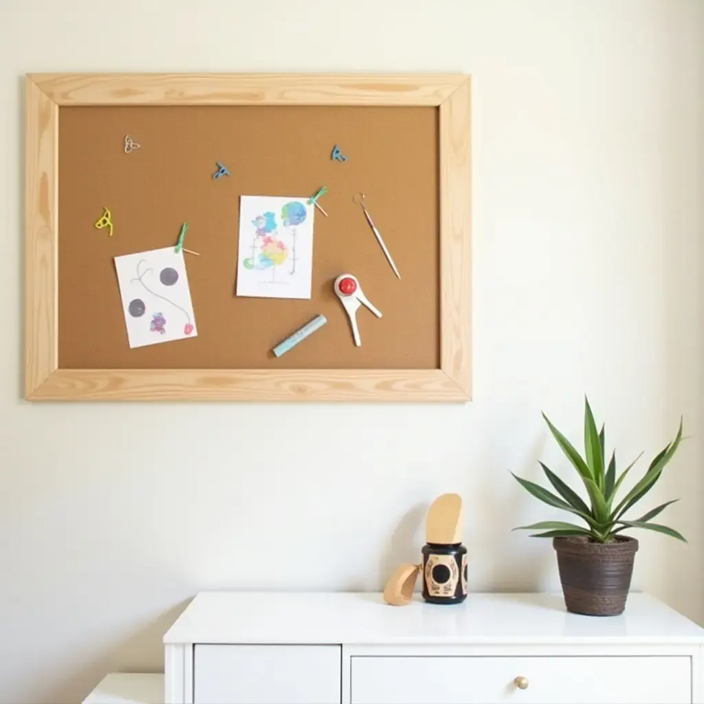 a photo of a DIY corkboard for displaying art and notes