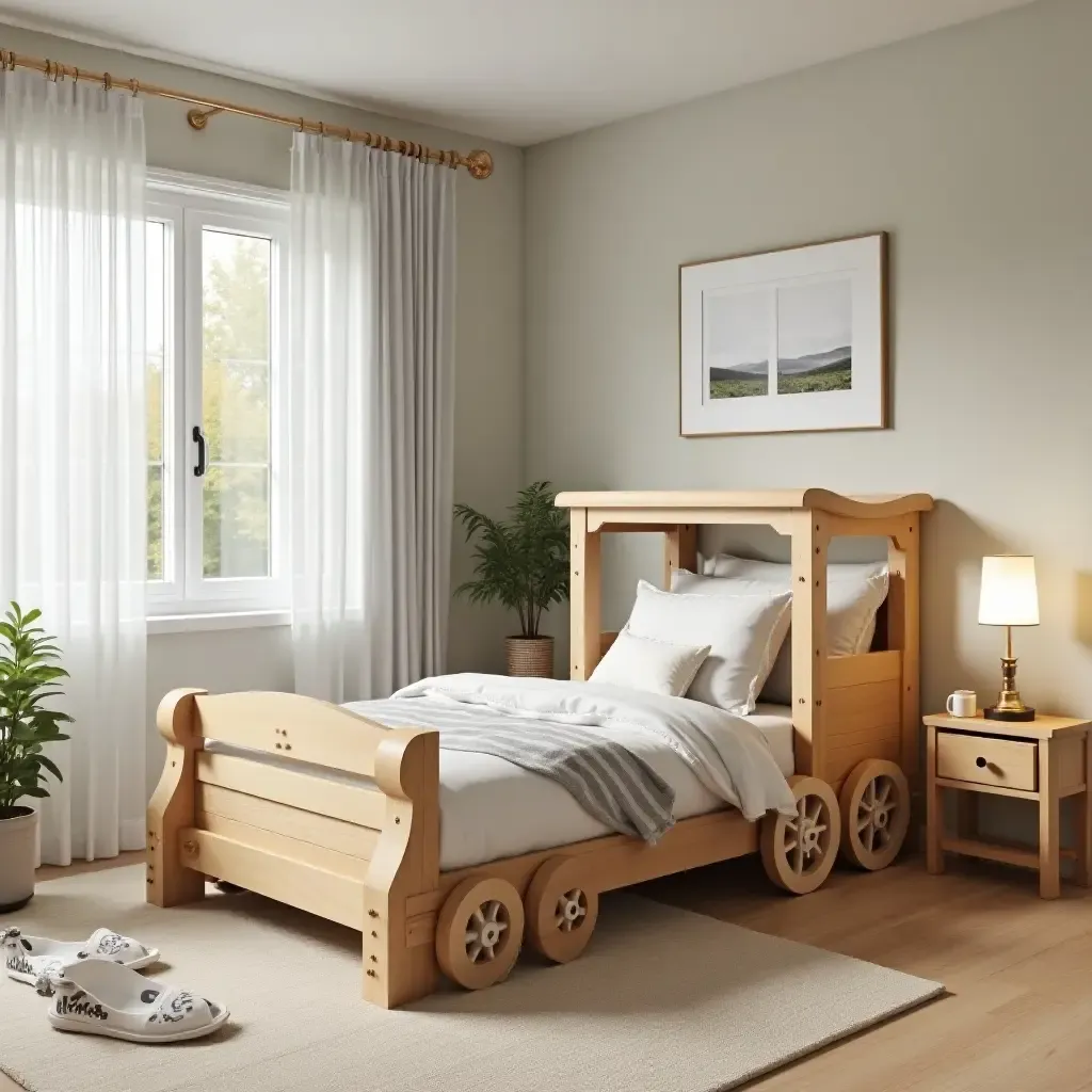 a photo of a whimsical kids&#x27; bedroom featuring a wooden train bed