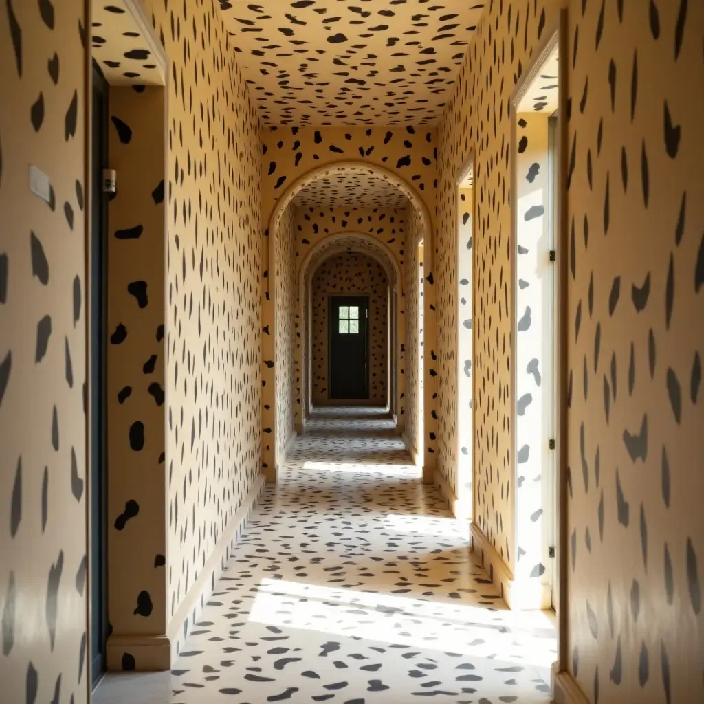 a photo of a corridor featuring playful animal prints