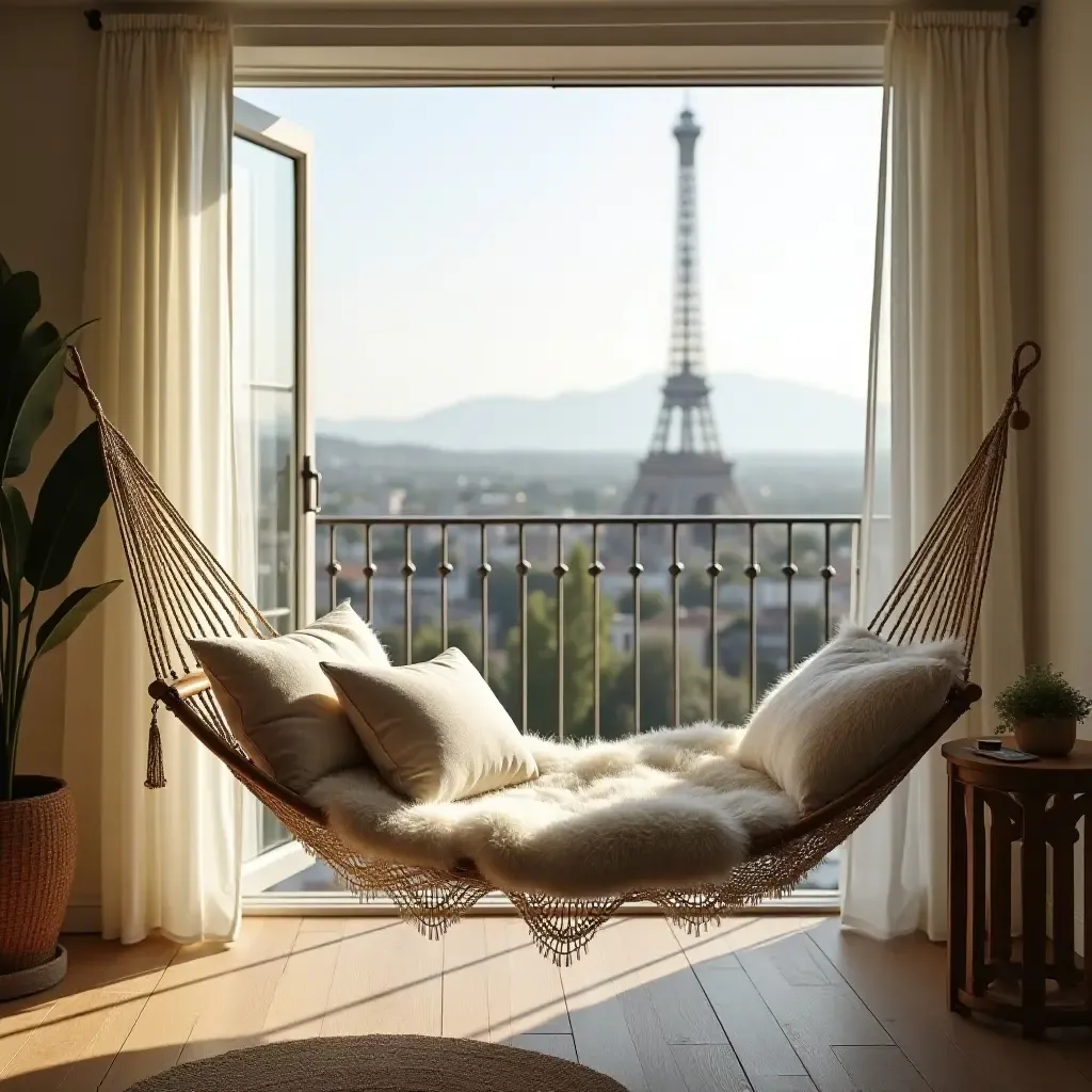 a photo of a balcony with a hammock and soft throw pillows