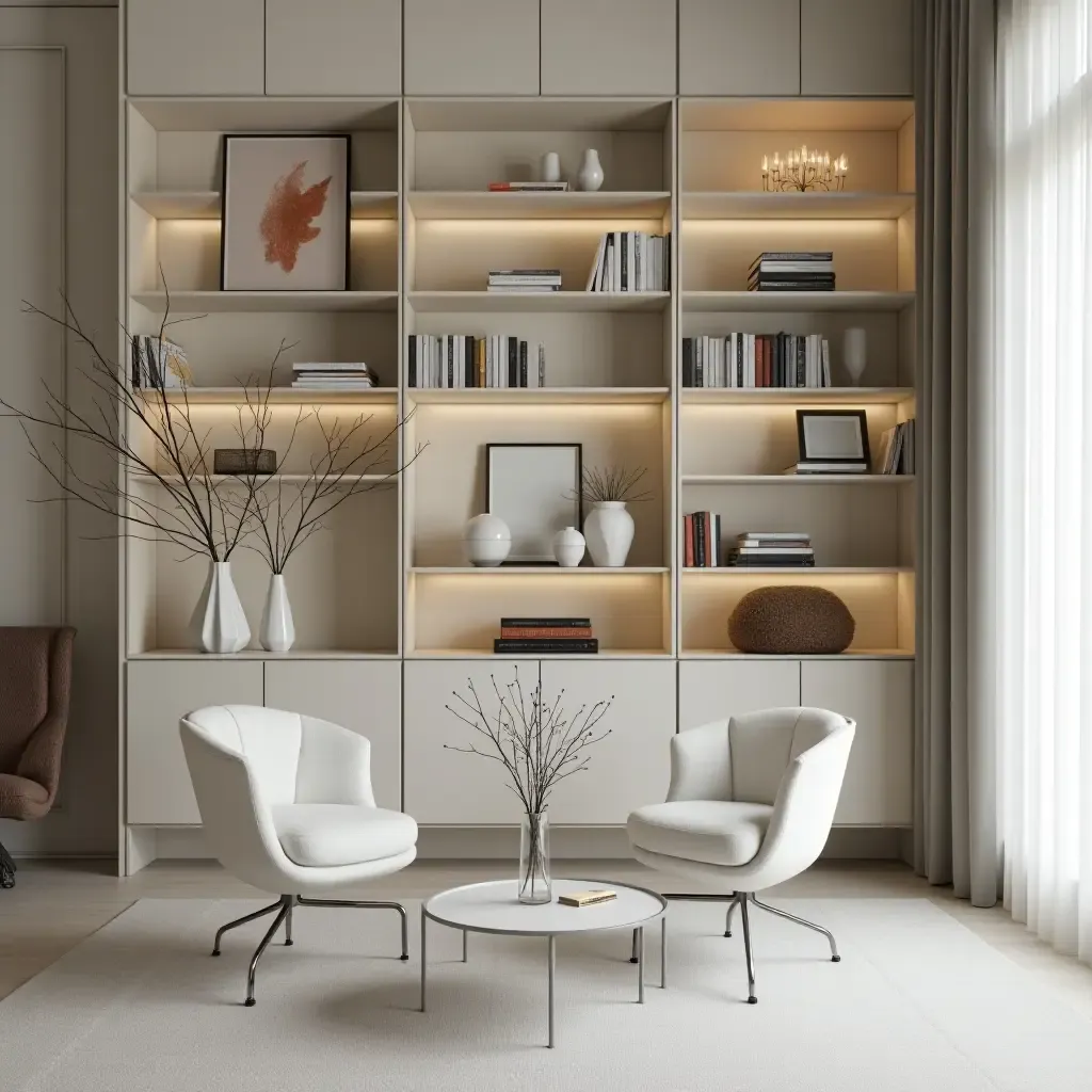 a photo of a minimalist bookshelf styled with chic accessories