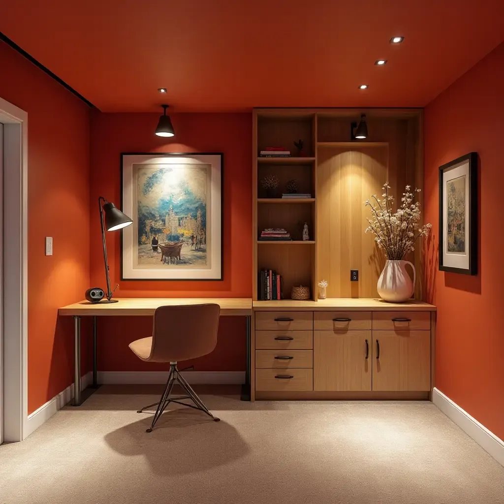 a photo of a vibrant basement with wall art and smart storage