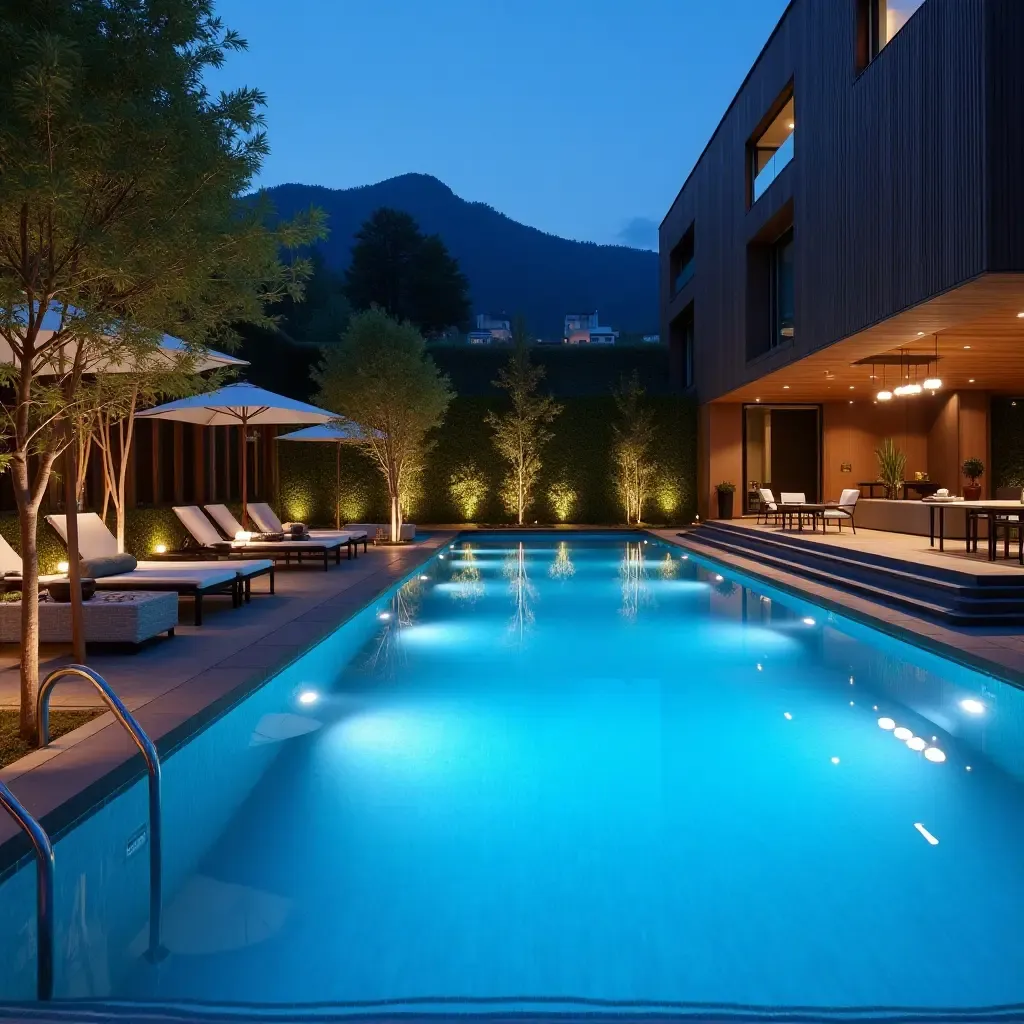 a photo of a modern pool area featuring metallic decorations and ambient lighting