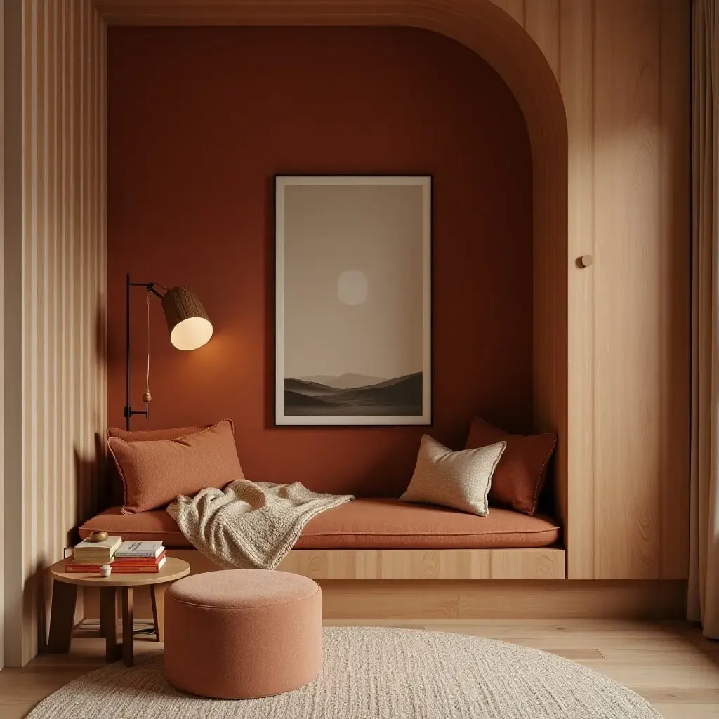 a photo of a chic reading nook with a modern design and warm colors