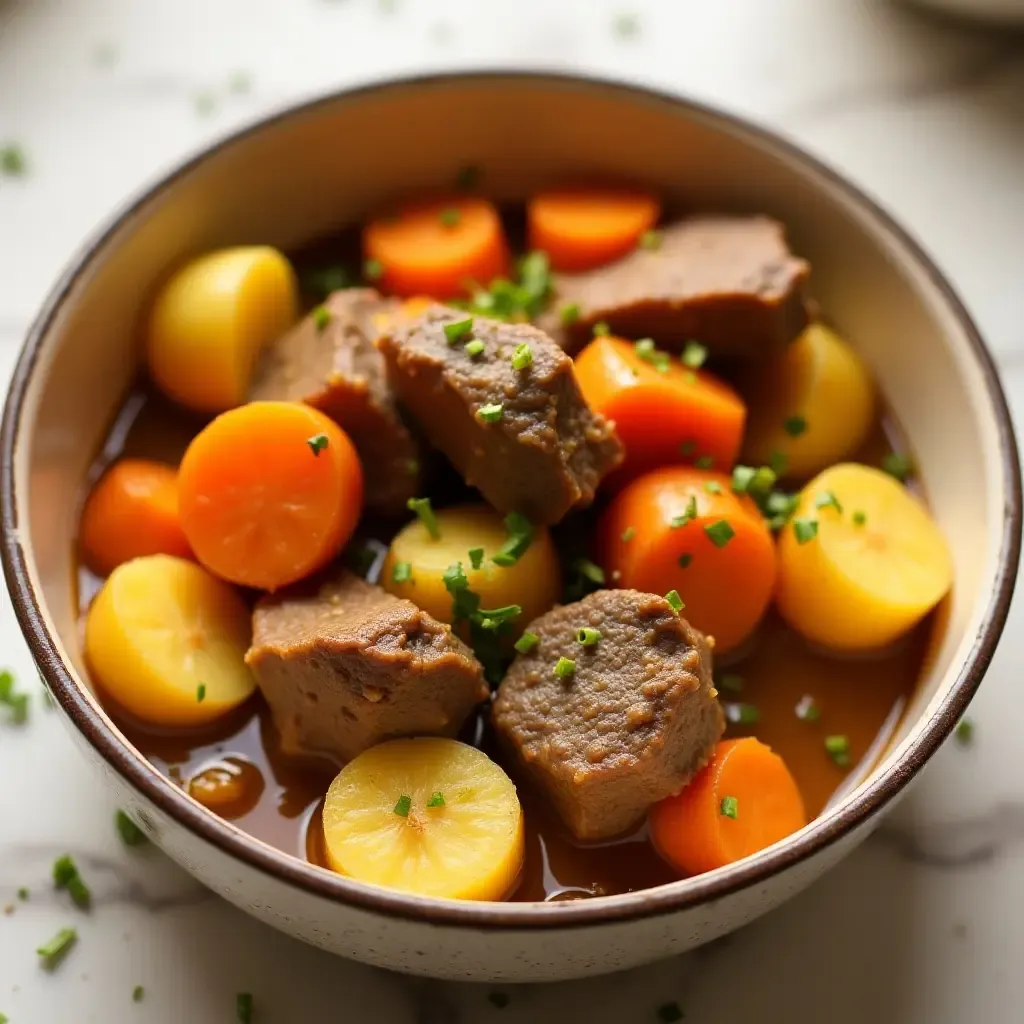 a photo of saffron-spiced lamb stew with carrots and potatoes in a bowl.