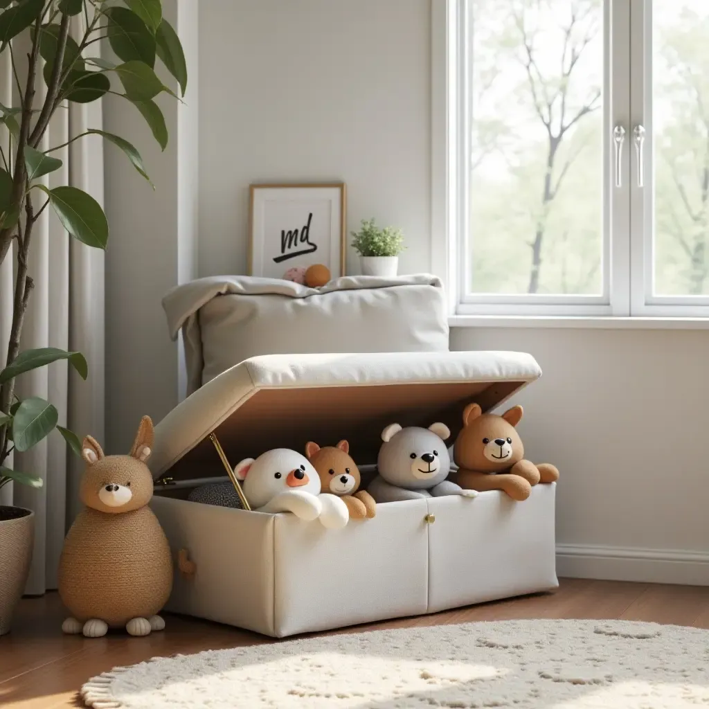 a photo of a stylish room with a hidden toy storage ottoman