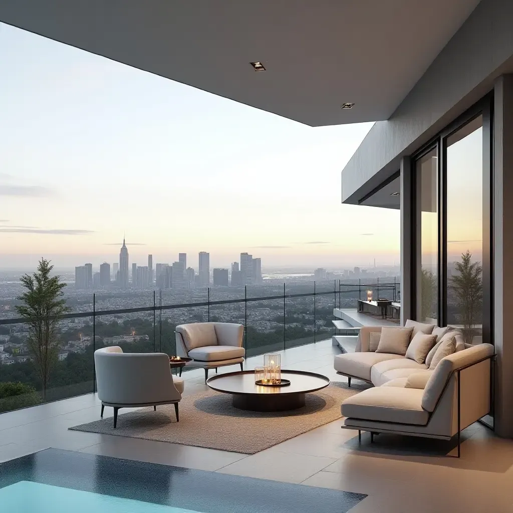 a photo of a modern balcony with sleek furniture and a stunning city view