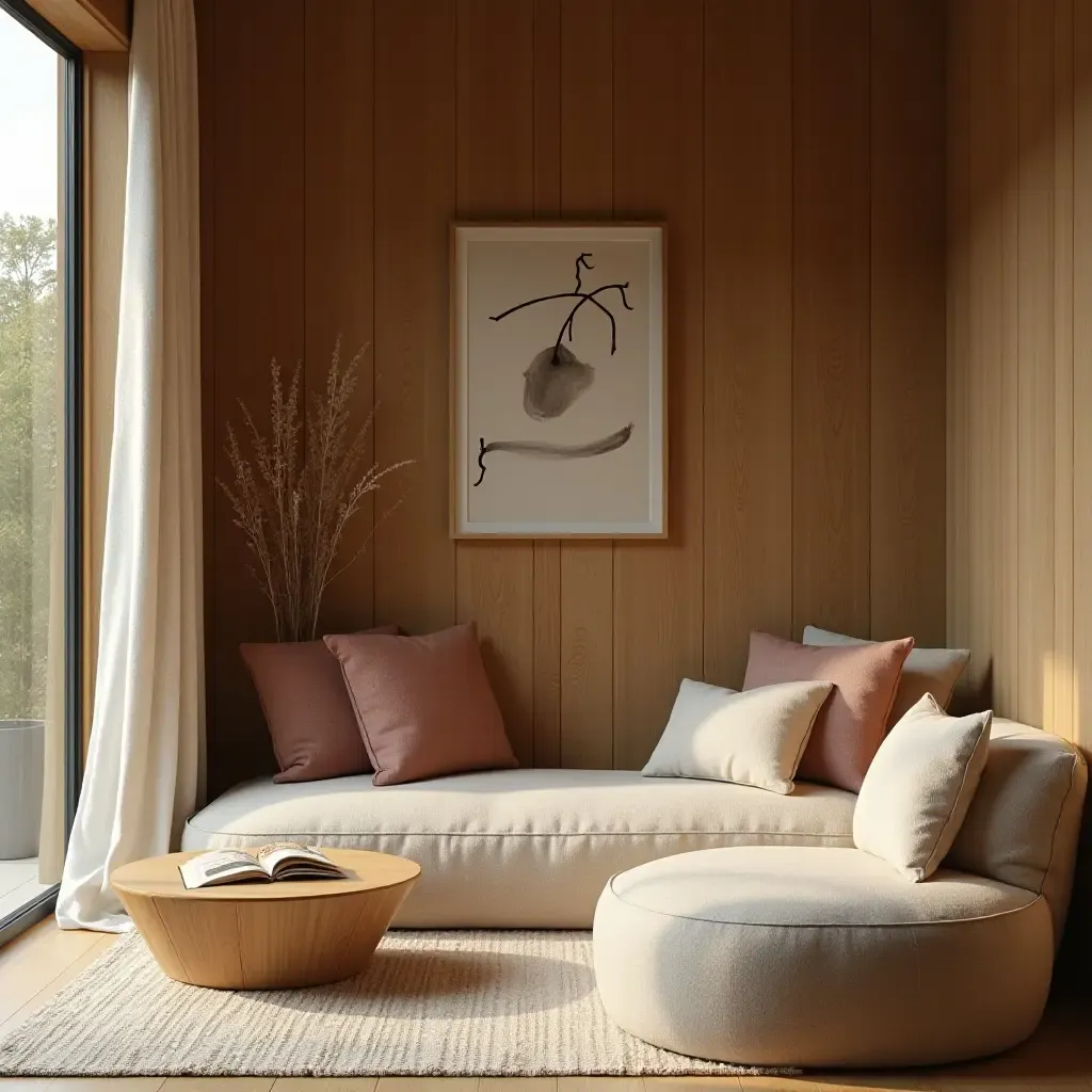 a photo of a serene reading area with soft textiles and natural wood