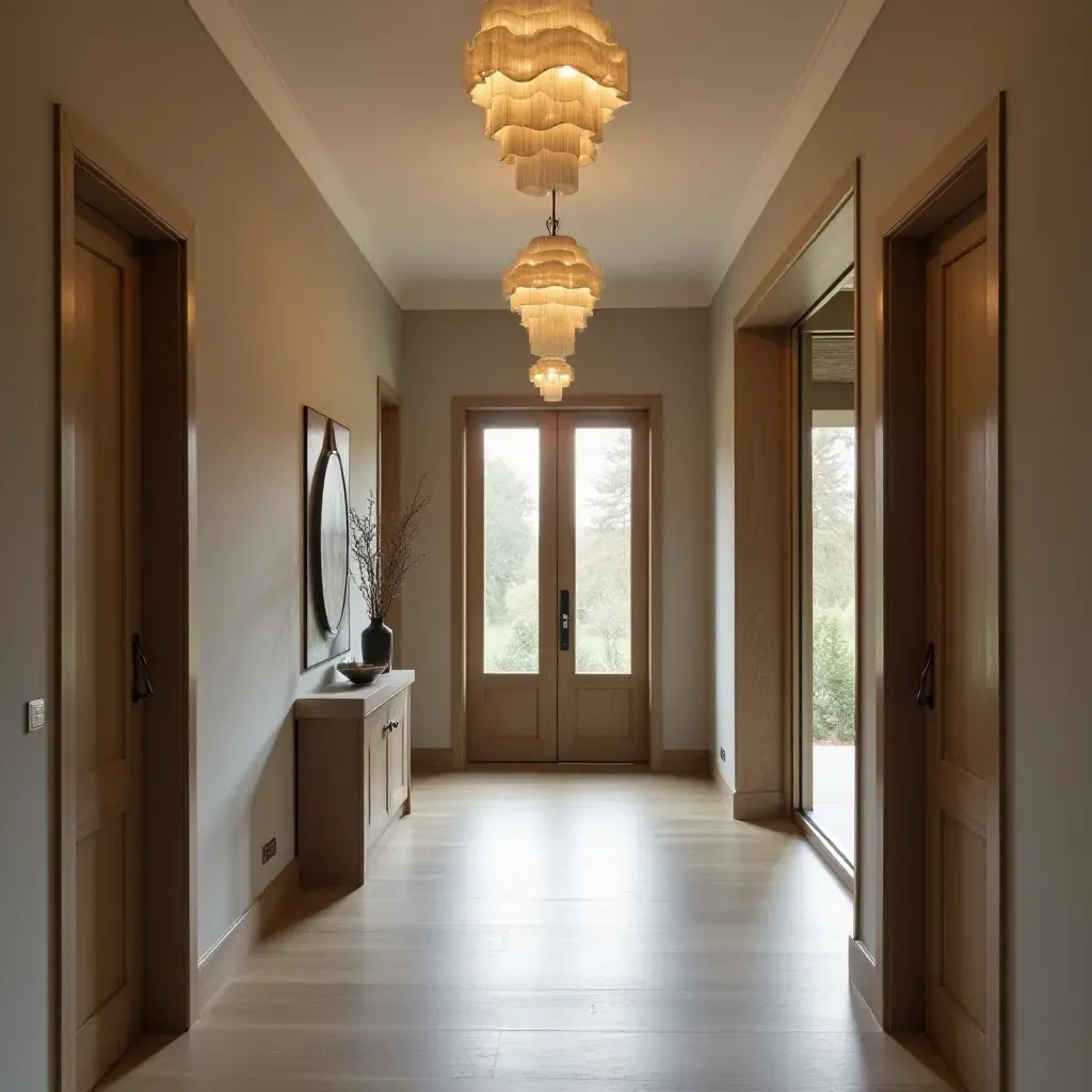 a photo of an entrance hall featuring pendant lights with unique shapes