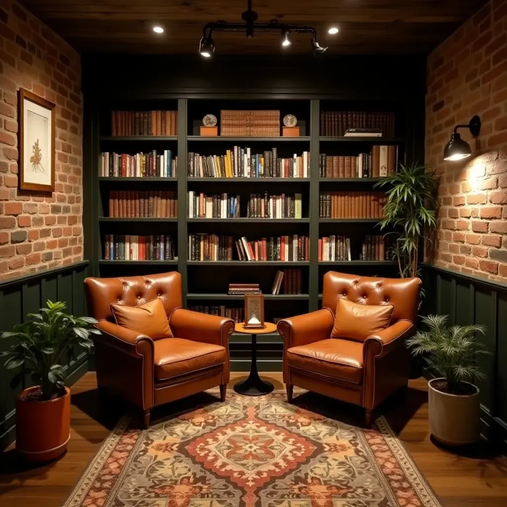 a photo of a cozy reading nook with leather armchairs and industrial lighting in a basement