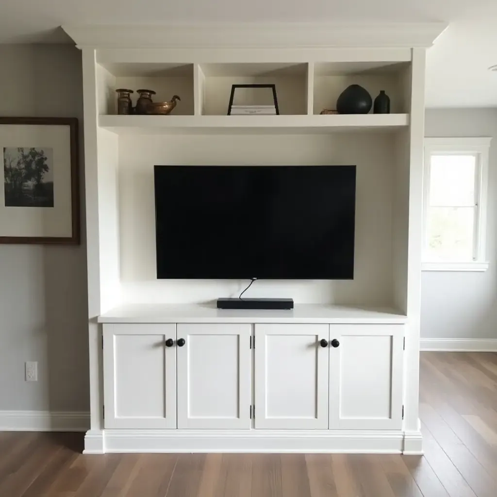 a photo of a corner TV integrated into a custom-built wall unit