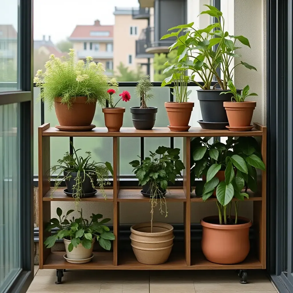 a photo of a balcony shelf with a collection of unique planters and pots