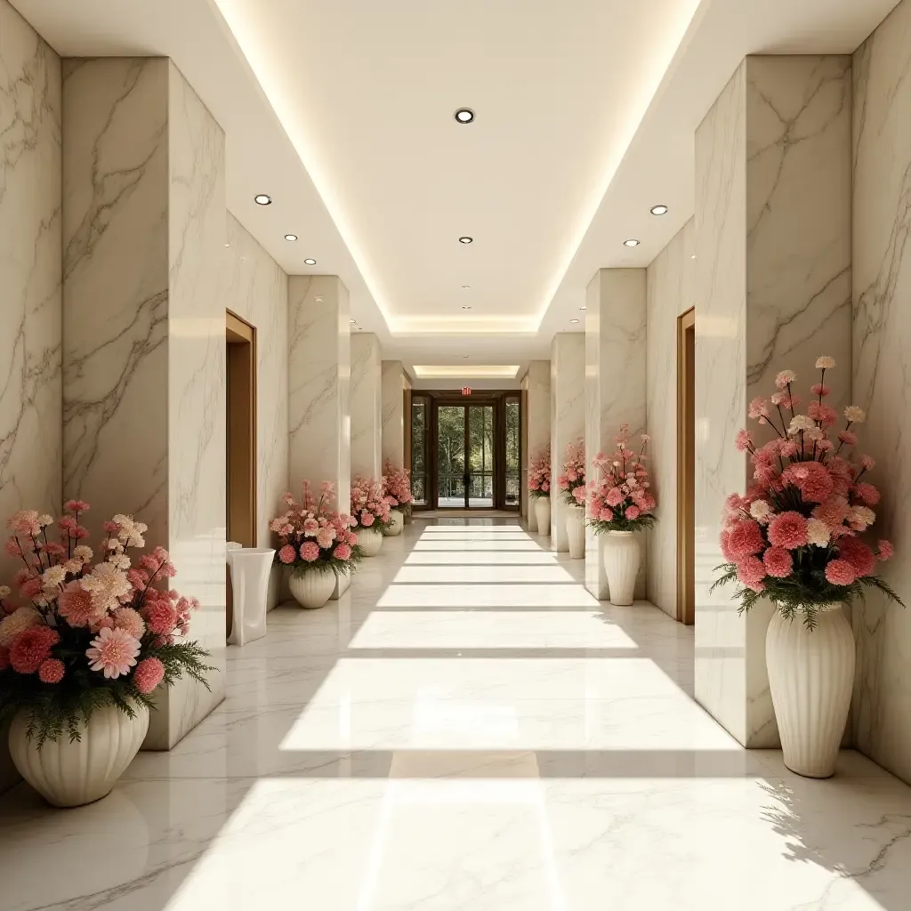 a photo of a bright corridor with marble accents and vibrant floral arrangements