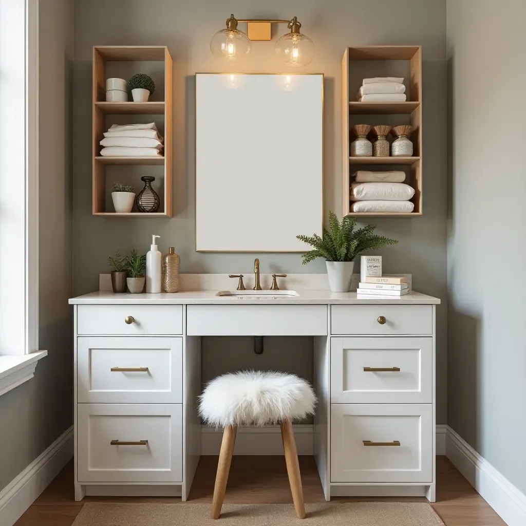 a photo of a well-organized vanity area with labeled storage and stylish decor