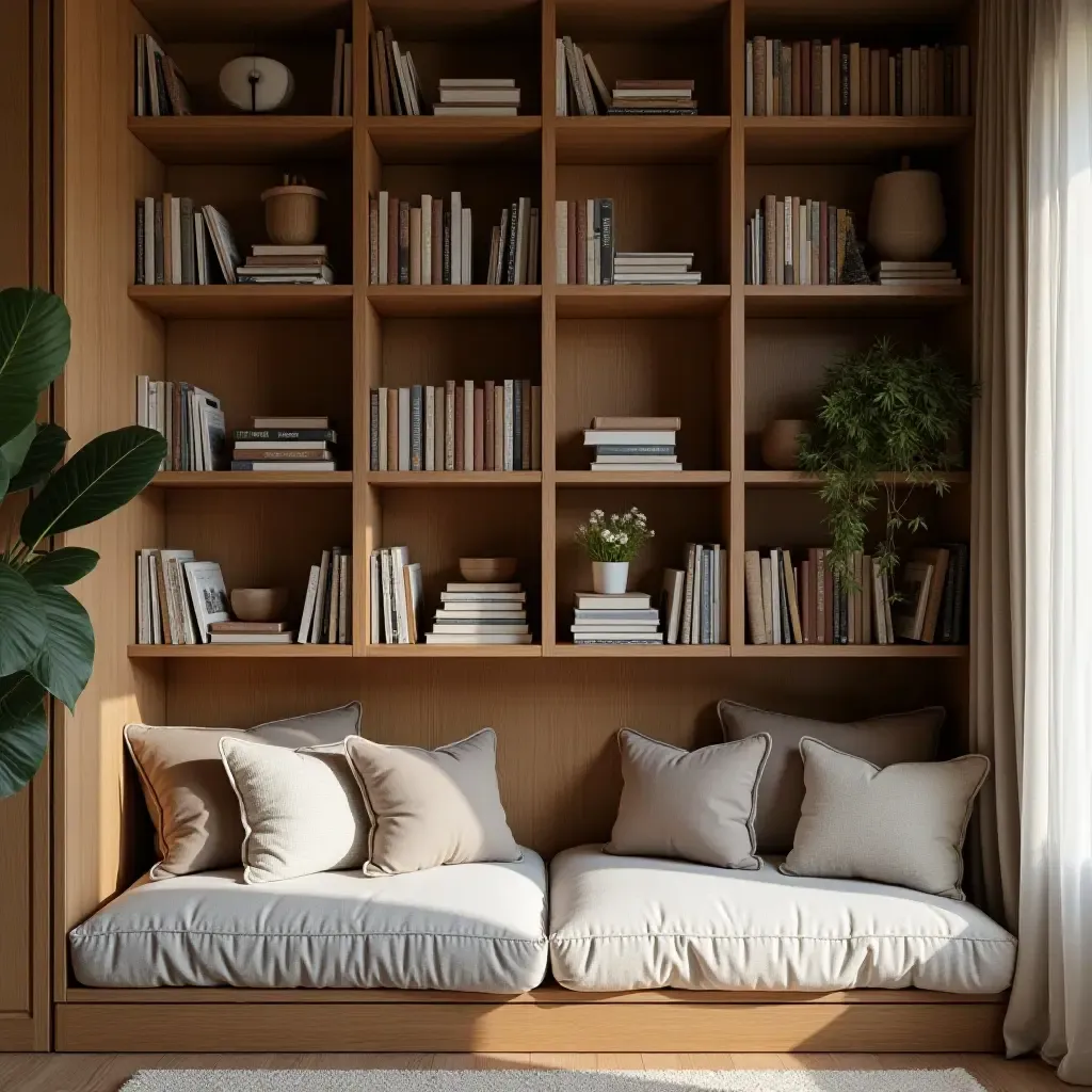 a photo of a cozy reading nook with open shelves filled with books and cushions