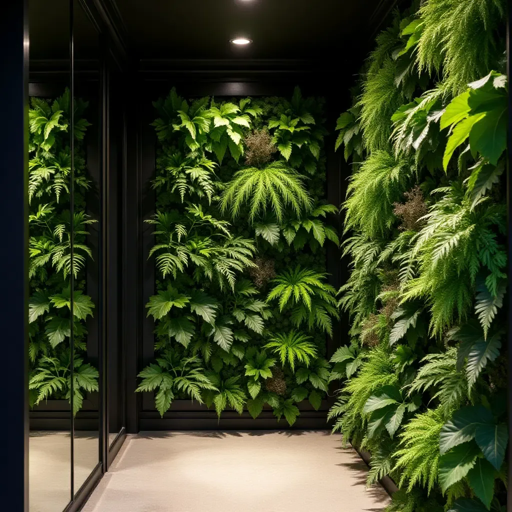 a photo of a lush green wall with a variety of ferns in a contemporary hallway