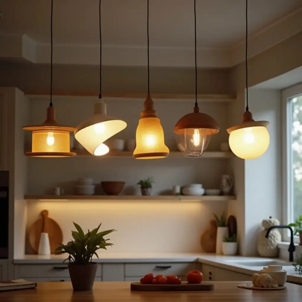 a photo of pendant lights featuring unique shapes in a creative kitchen