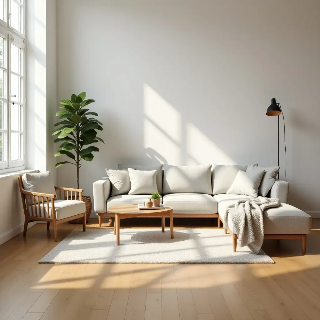 a photo of a bright living room with a wooden floor and plush furniture