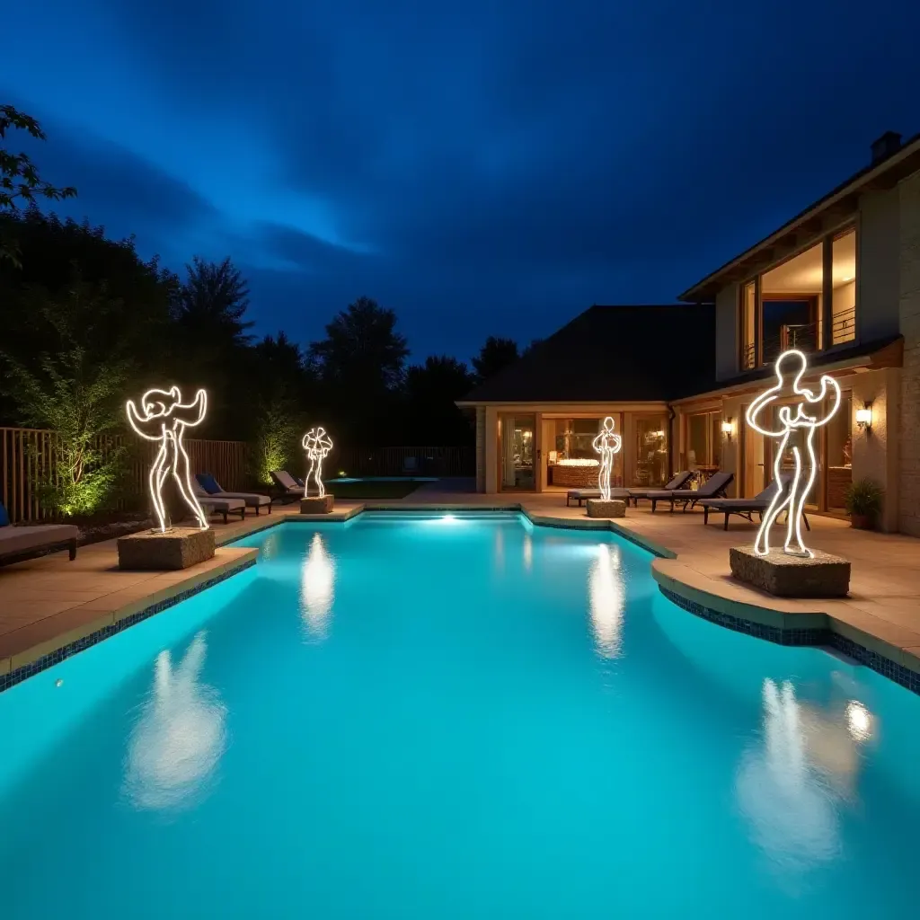 a photo of a stylish pool deck with artistic light sculptures