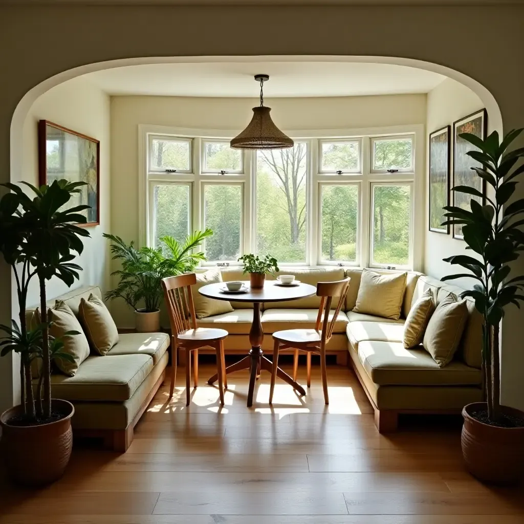 a photo of a bright breakfast nook with a large bay window and greenery