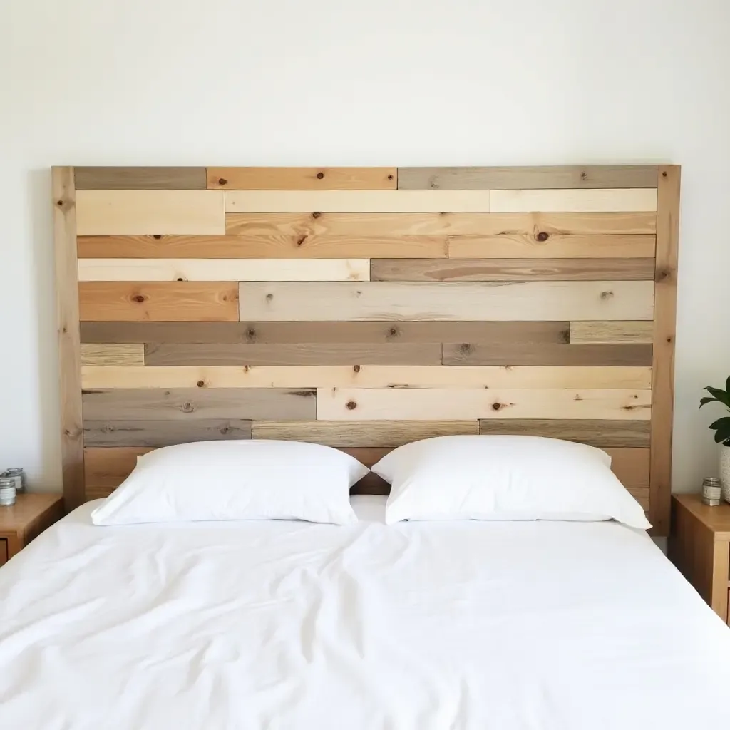 a photo of a stylish DIY headboard made from reclaimed wood