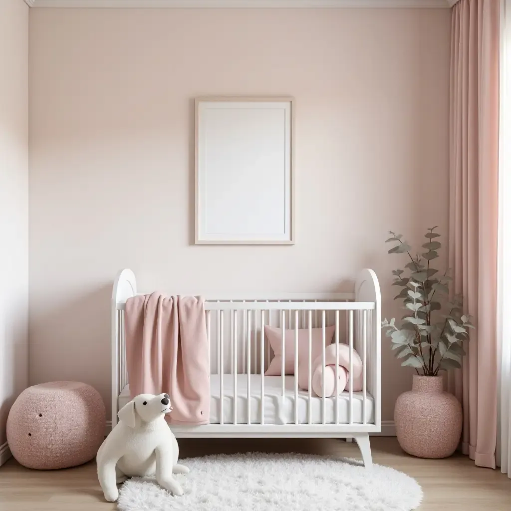 a photo of a nursery featuring soft pink and gentle gray