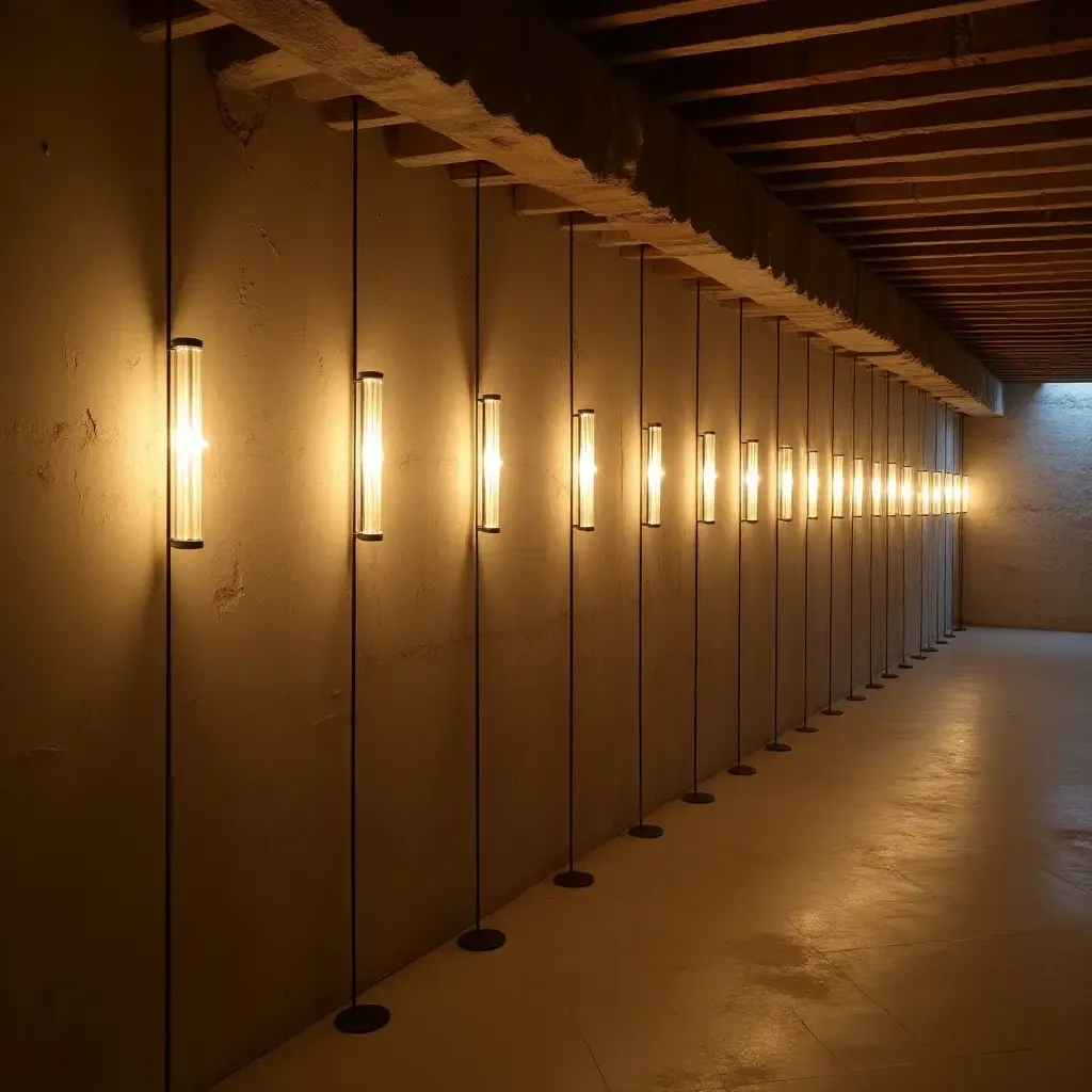 a photo of a basement wall with a collection of artistic light fixtures