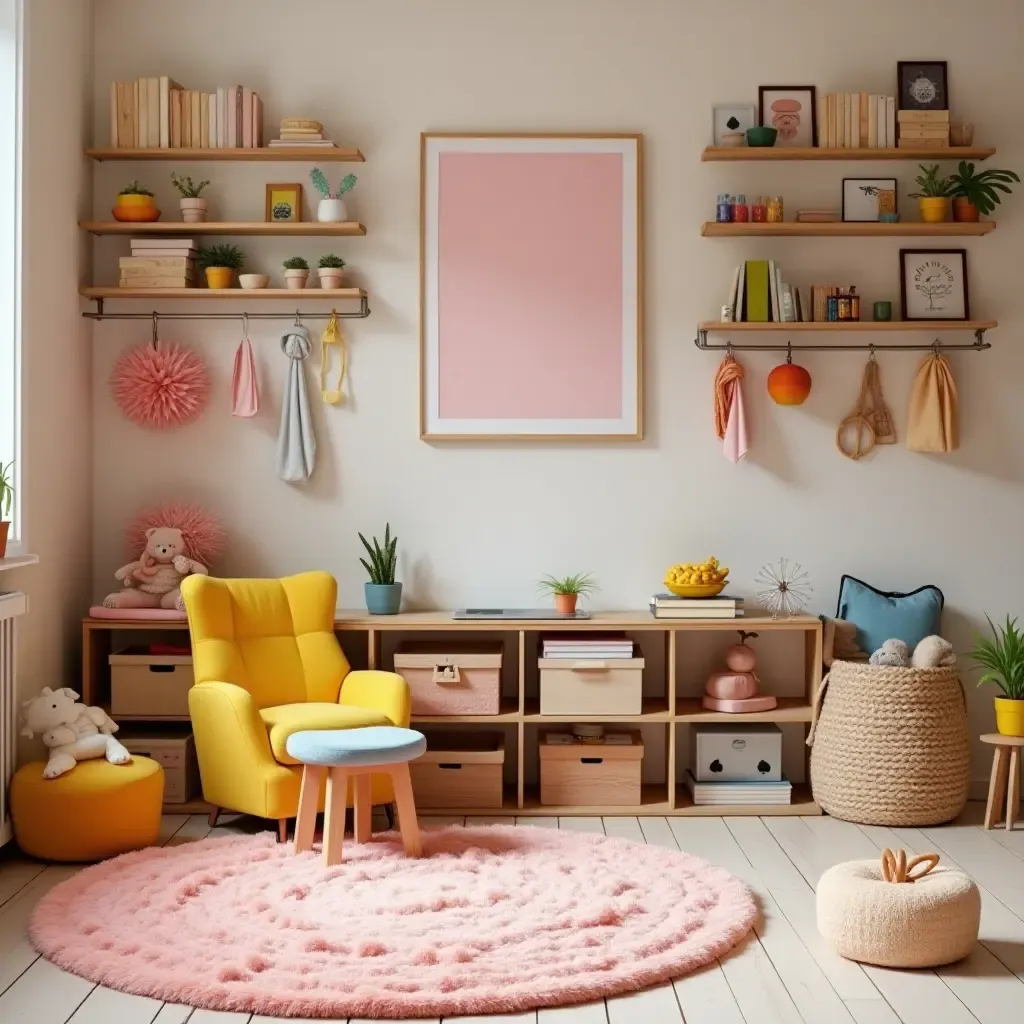 a photo of a vibrant play area with organized craft supplies