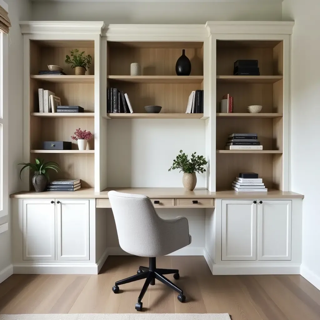 a photo of a chic built-in bookcase integrated into a home office