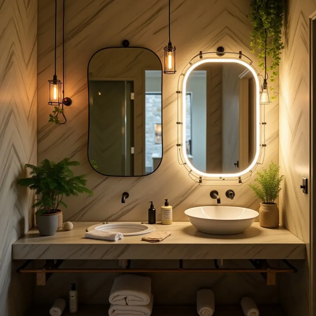 a photo of a cozy bathroom with a backlit mirror and greenery