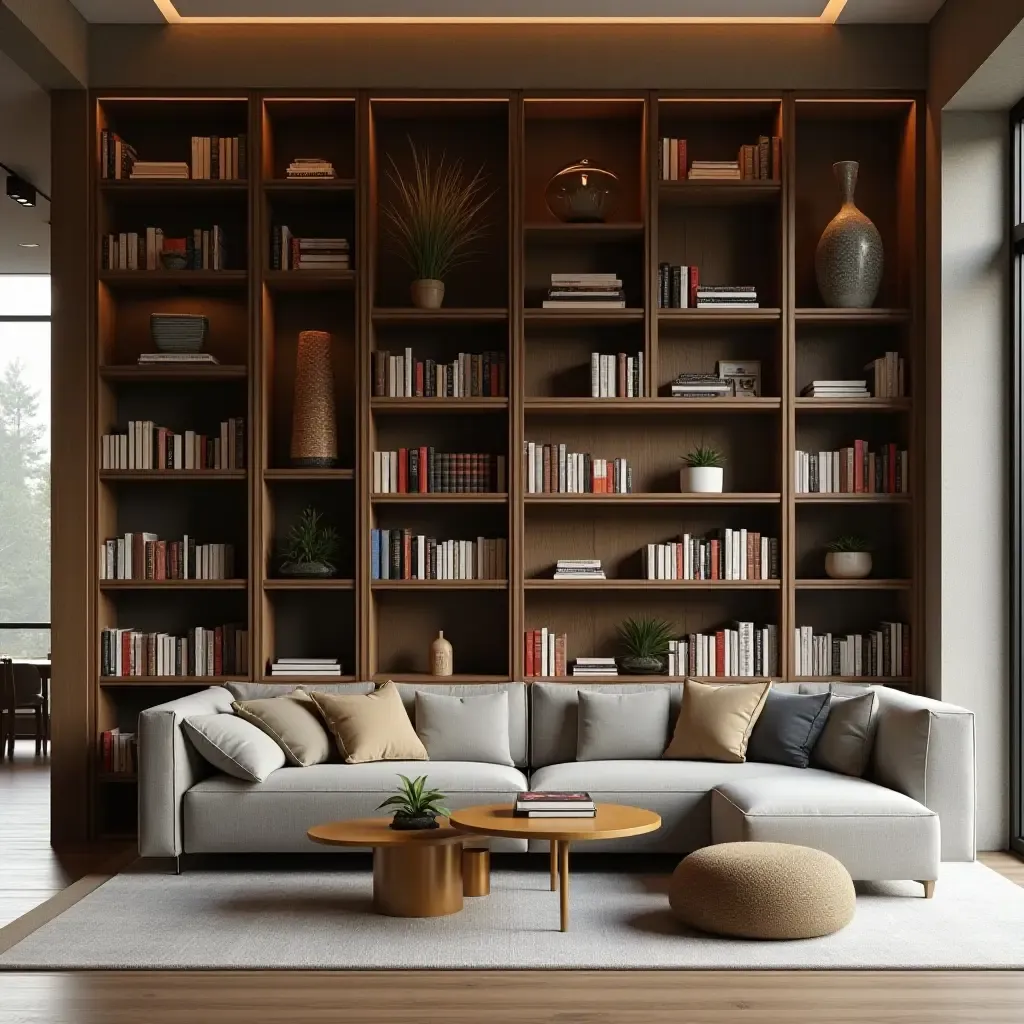 a photo of a modern library with a unique, asymmetrical bookshelf design