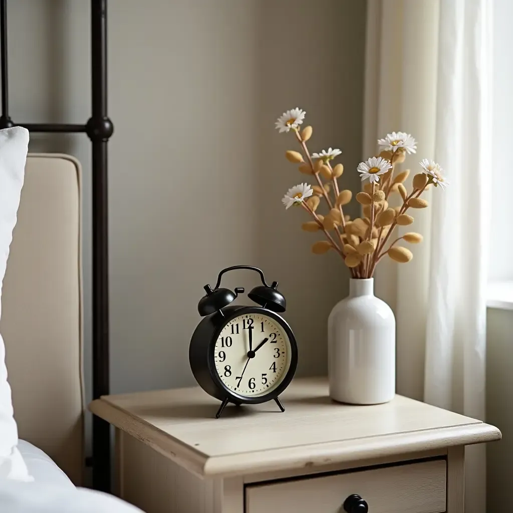 a photo of a bedside table with a vintage clock and a small vase of flowers