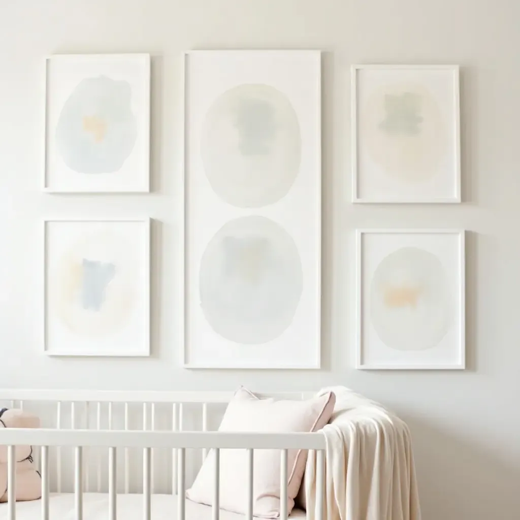 a photo of a nursery gallery wall showcasing hand-painted canvases