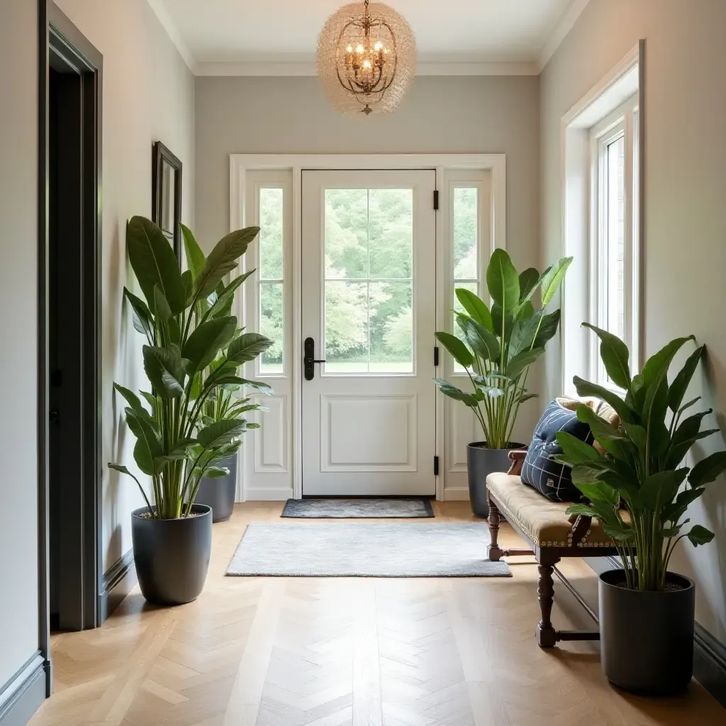 a photo of a vibrant indoor plant arrangement in a stylish entrance hall