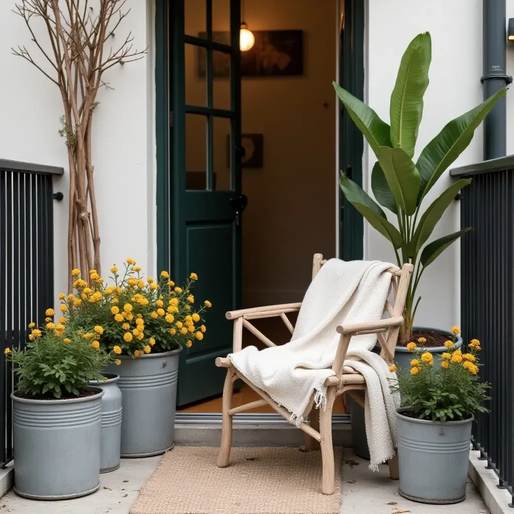 a photo of a balcony decorated with galvanized metal containers and cozy textiles