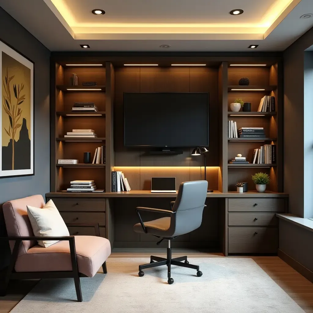 a photo of a stylish basement home office with a large desk and bookshelves