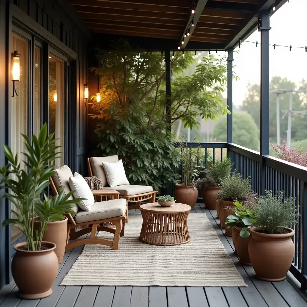 a photo of a balcony with a mix of vintage and industrial outdoor decor