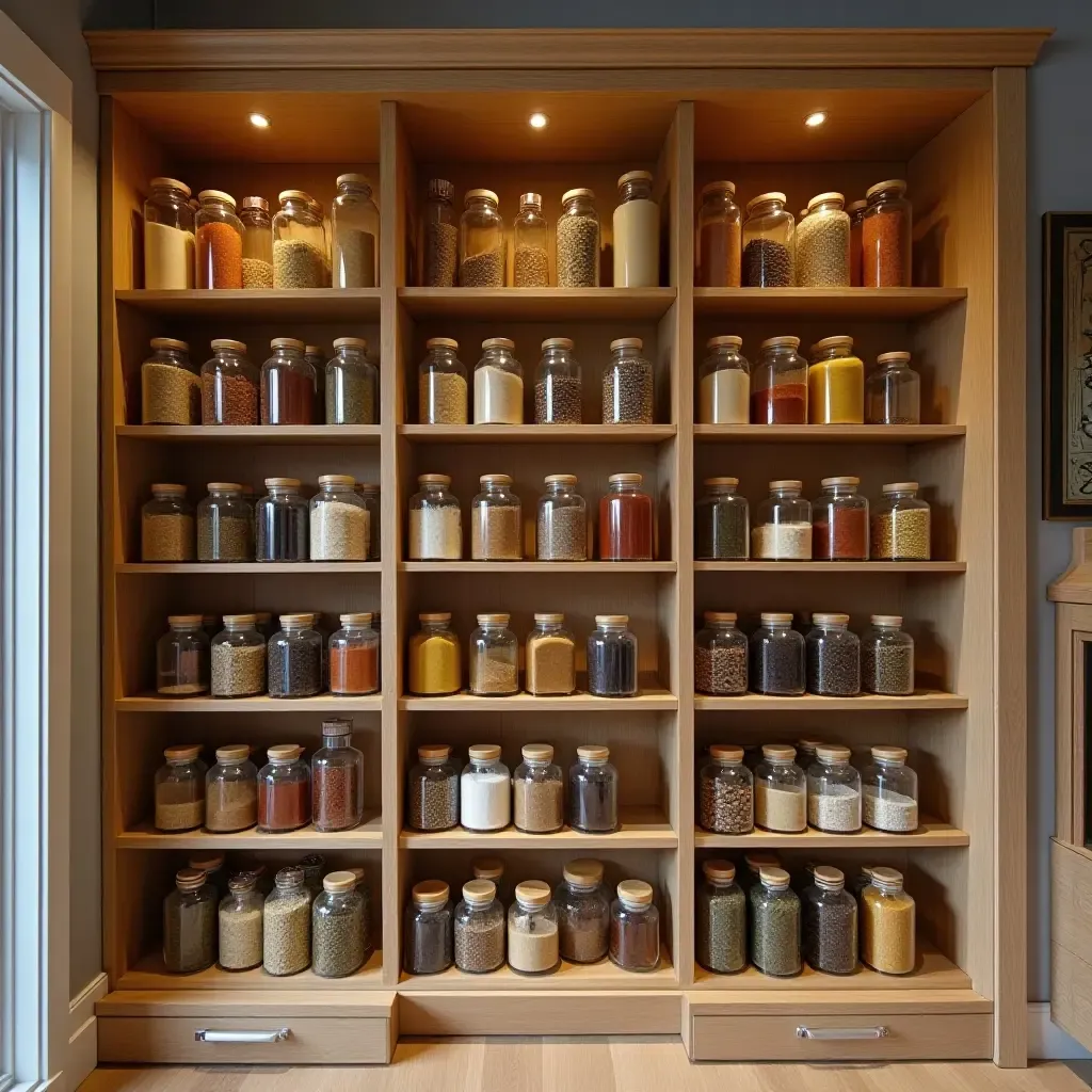 a photo of a pantry featuring a wall of spices in elegant glass containers