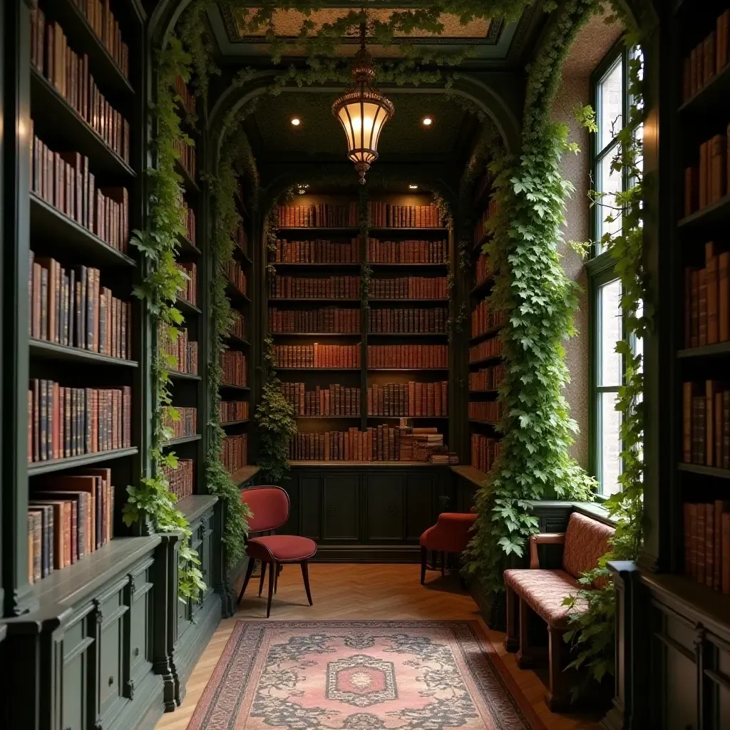 a photo of a vintage library with ivy climbing shelves