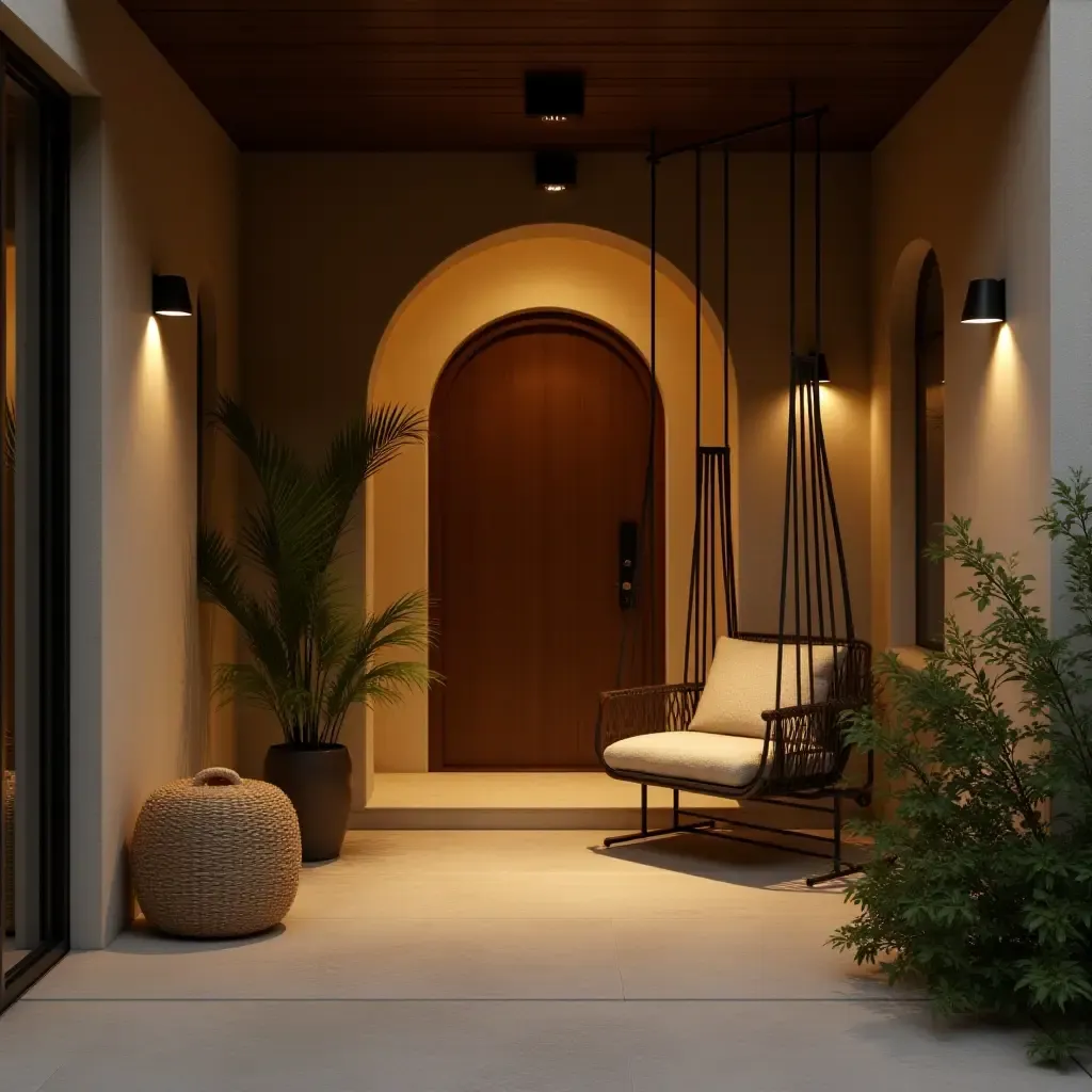 a photo of a serene entrance area with a swing chair and ambient lighting