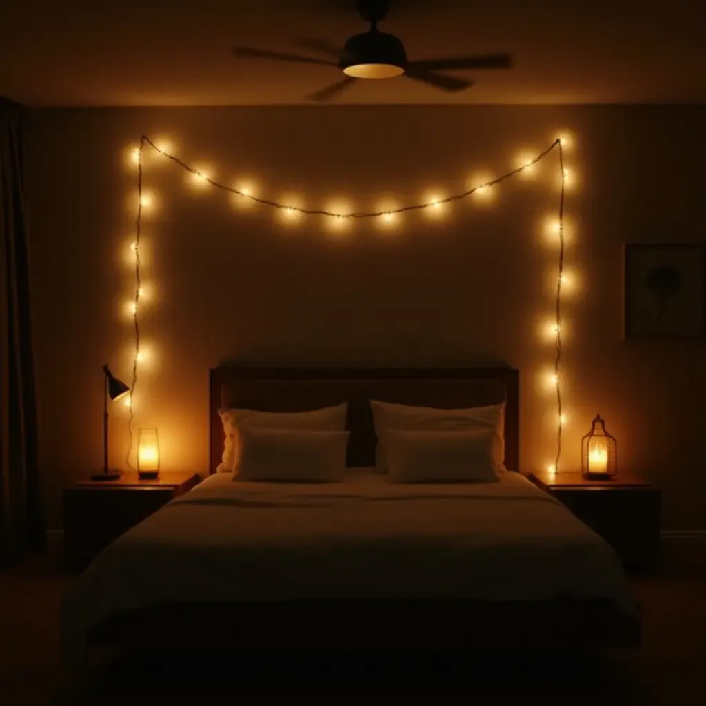 a photo of soft, ambient lighting created by string lights around the bedroom