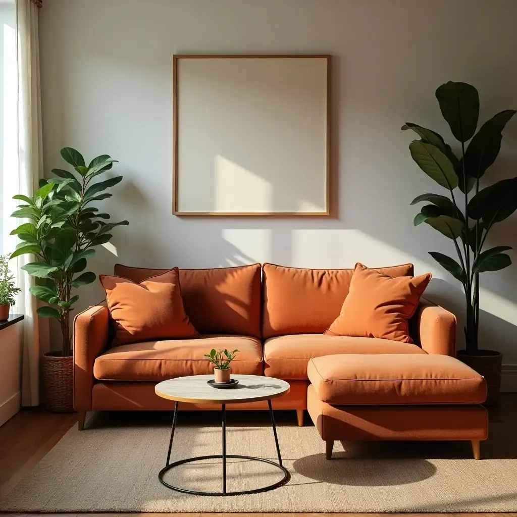 a photo of a cozy living room with burnt orange cushions and green plants