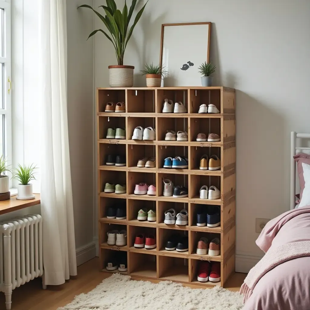 a photo of a DIY shoe rack made from crates in a teenager&#x27;s bedroom