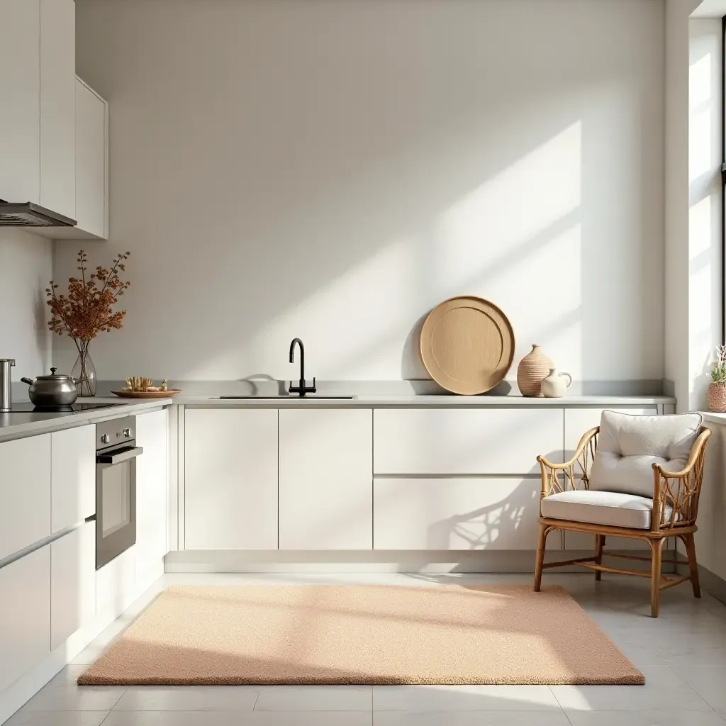 a photo of a kitchen with a soft pastel rug for warmth