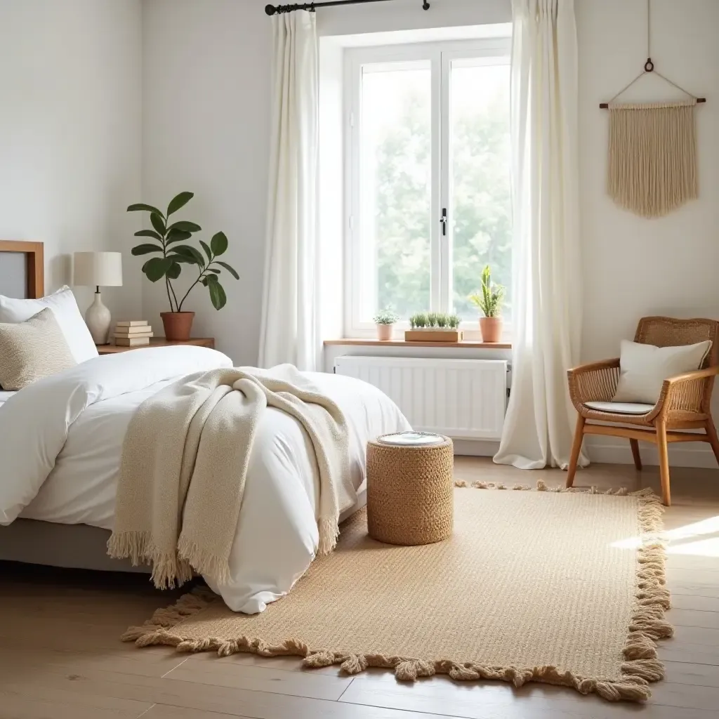 a photo of a natural jute rug in a serene bedroom atmosphere