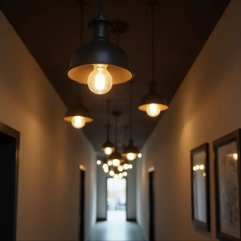 a photo of a series of industrial pendant lights in a hallway