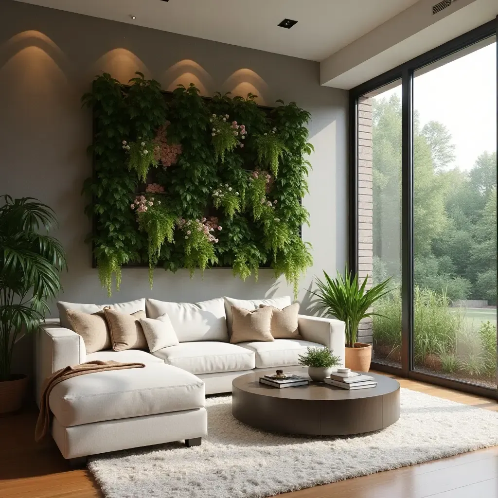 a photo of a living room with a hanging garden feature