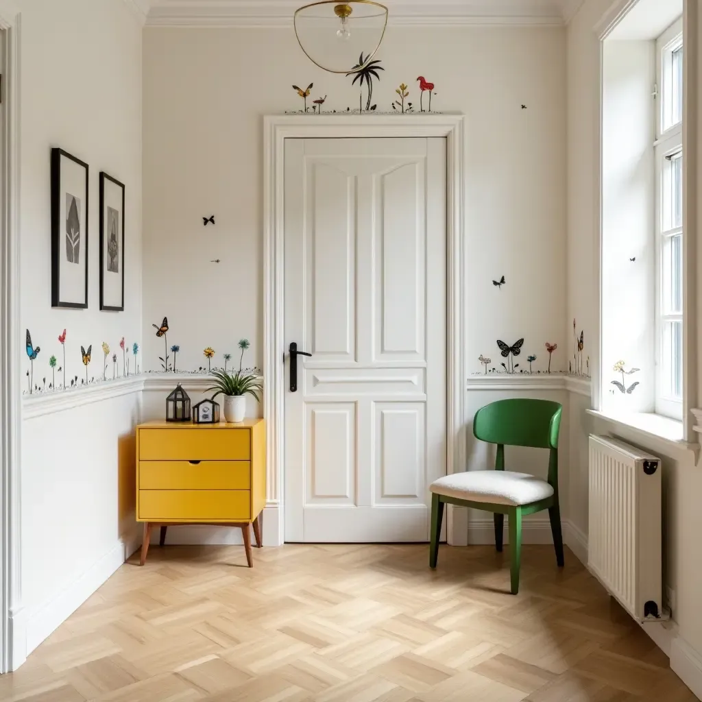 a photo of an entrance hall decorated with quirky wall decals and bright furniture