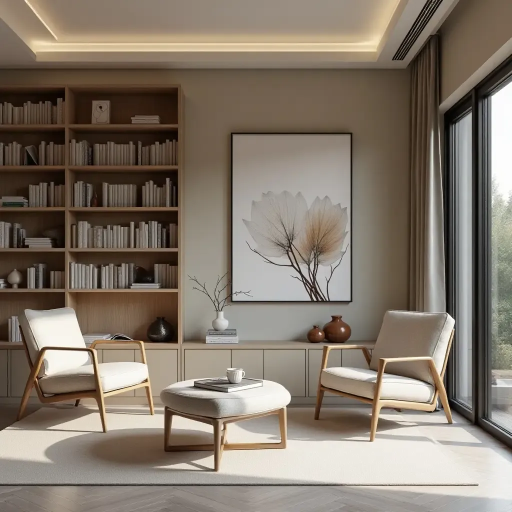 a photo of a minimalist library with sleek furniture and artistic wall decor