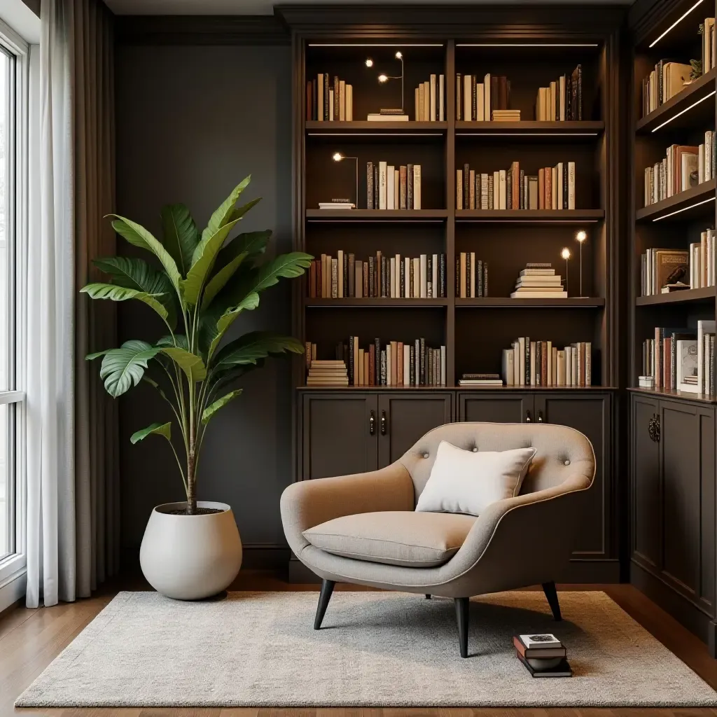 a photo of a cozy reading space with a well-styled bookshelf and comfortable chair